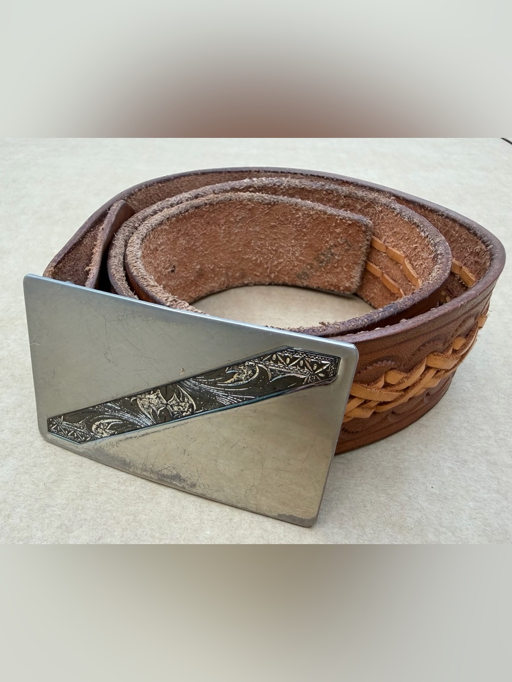 Vintage Western Leather Belt Nickel Silver Engraved Buckle Tooled Braided Size 3